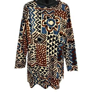 Liz Co Women Vintage Tunic Top Scoop Long Sleeve Brown Blue Primitive Print New